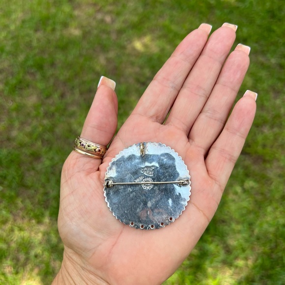 Vintage Sterling Silver Taxco Mexico Turquoise & Lapis Inlay Brooch Pendant - Picture 9 of 17